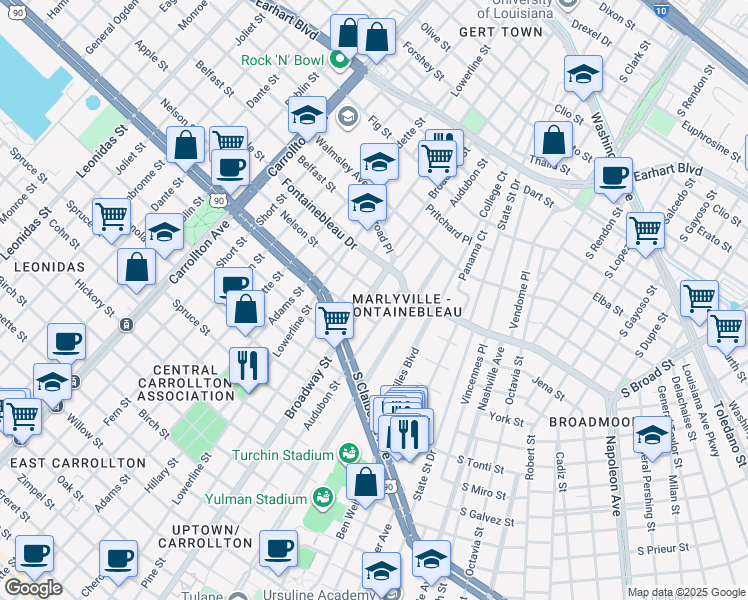 map of restaurants, bars, coffee shops, grocery stores, and more near 2419 Audubon Street in New Orleans
