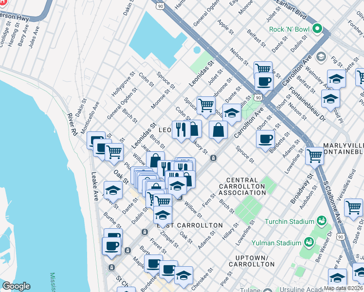 map of restaurants, bars, coffee shops, grocery stores, and more near 8230 Green Street in New Orleans