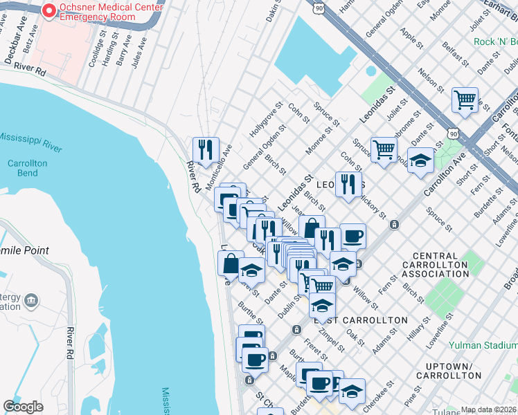 map of restaurants, bars, coffee shops, grocery stores, and more near 8623 Plum Street in New Orleans