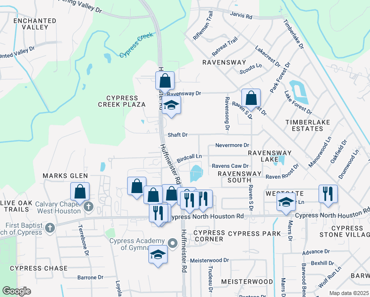 map of restaurants, bars, coffee shops, grocery stores, and more near Birdcall Lane in Cypress
