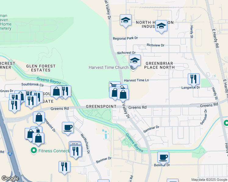 map of restaurants, bars, coffee shops, grocery stores, and more near 17585 Imperial Valley Drive in Houston
