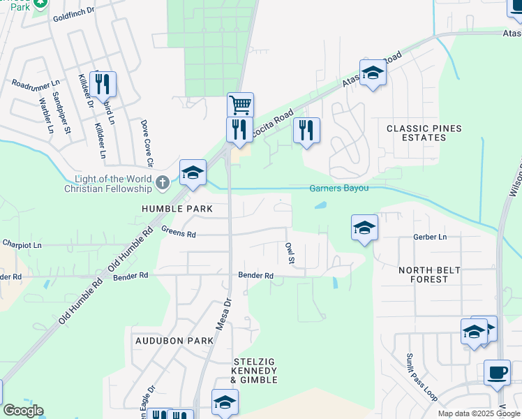 map of restaurants, bars, coffee shops, grocery stores, and more near 8210 Scarlet Tanager Drive in Humble