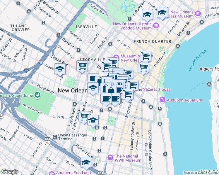 map of restaurants, bars, coffee shops, grocery stores, and more near 200 Carondelet Street in New Orleans