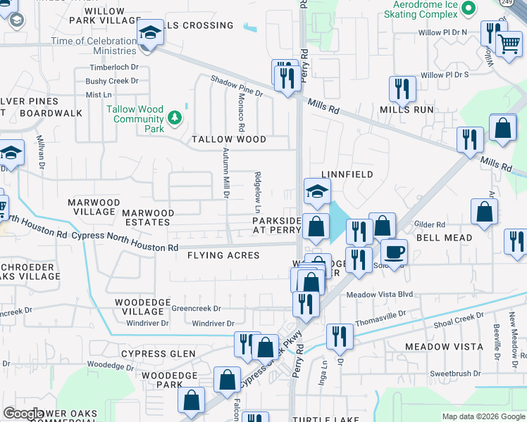 map of restaurants, bars, coffee shops, grocery stores, and more near 9815 Fernstone Lane in Houston