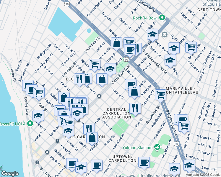 map of restaurants, bars, coffee shops, grocery stores, and more near 8000 Spruce Street in New Orleans