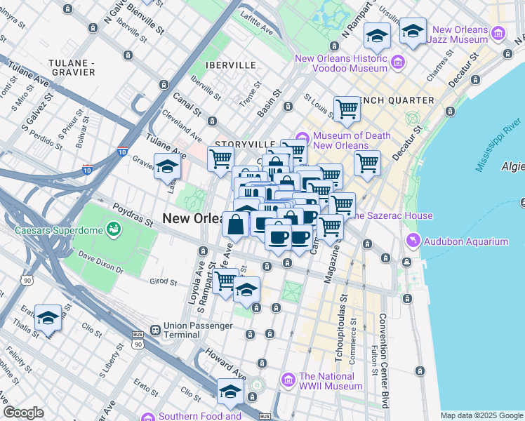 map of restaurants, bars, coffee shops, grocery stores, and more near 837 Gravier Street in New Orleans