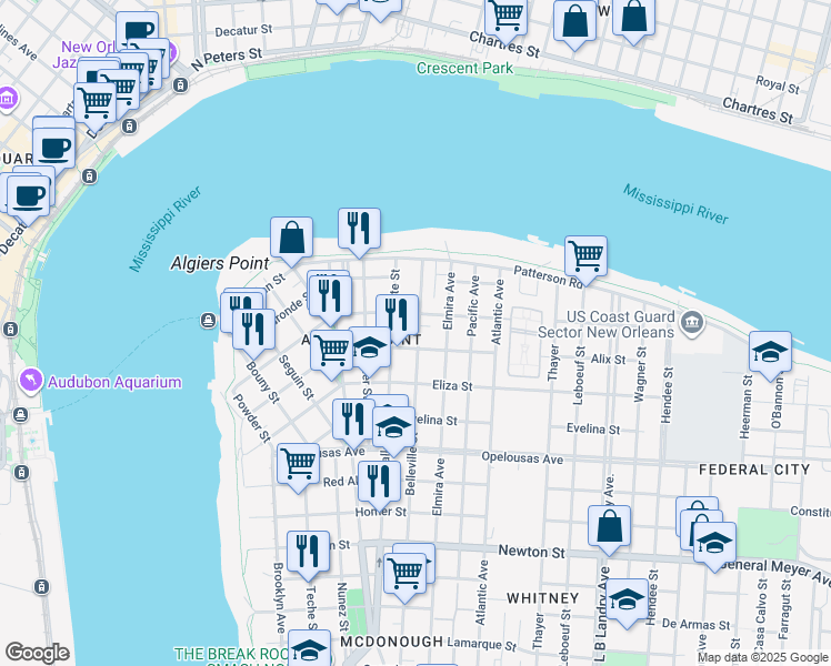 map of restaurants, bars, coffee shops, grocery stores, and more near 400 Belleville Street in New Orleans