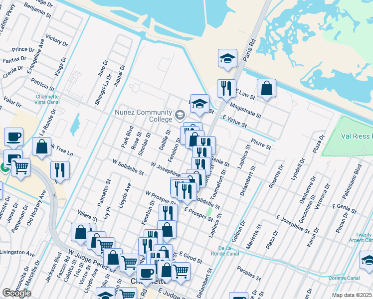 map of restaurants, bars, coffee shops, grocery stores, and more near 212 West Celestine Street in Chalmette