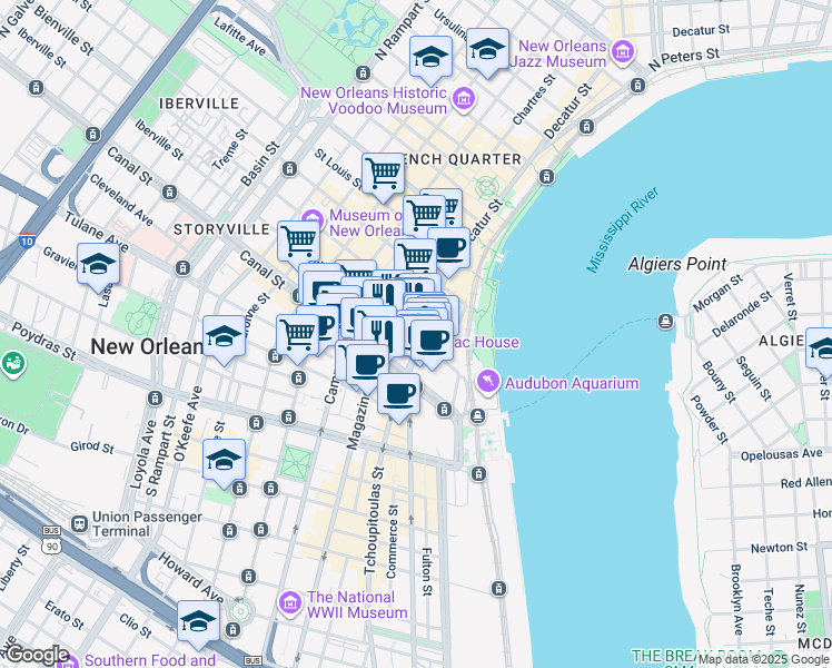 map of restaurants, bars, coffee shops, grocery stores, and more near 500 Poydras Street in New Orleans