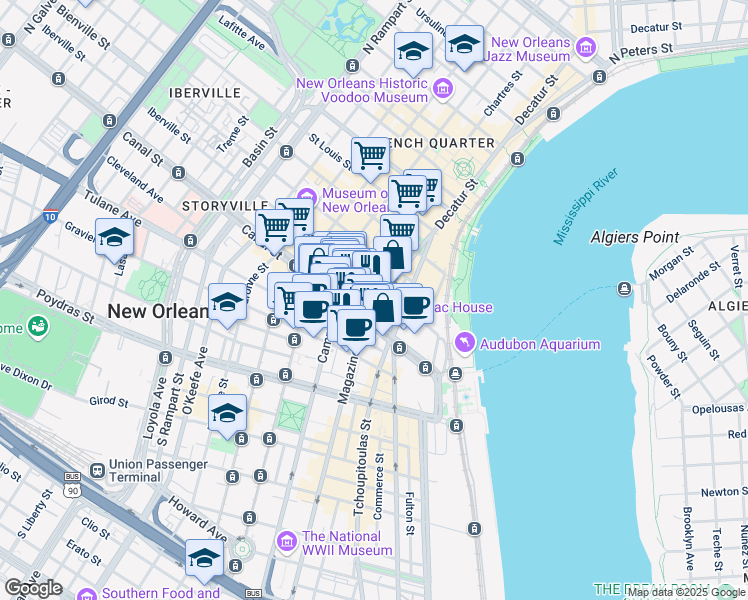 map of restaurants, bars, coffee shops, grocery stores, and more near 490 Canal Street in New Orleans