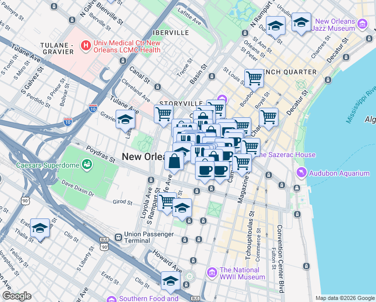map of restaurants, bars, coffee shops, grocery stores, and more near in New Orleans
