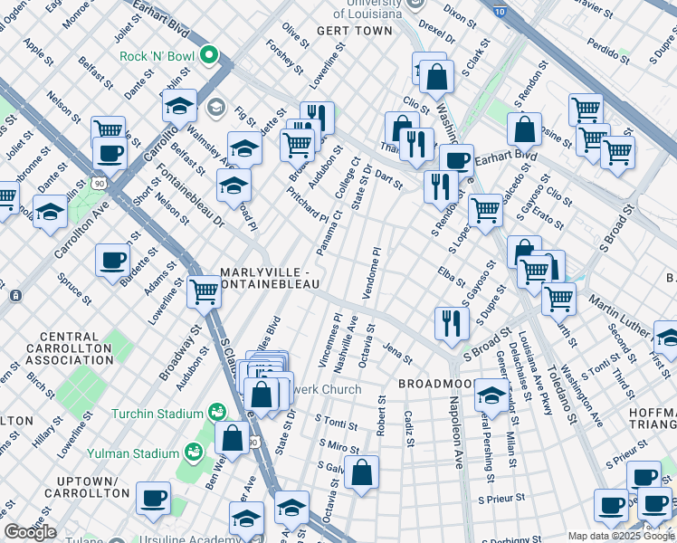 map of restaurants, bars, coffee shops, grocery stores, and more near 4018 Vincennes Place in New Orleans