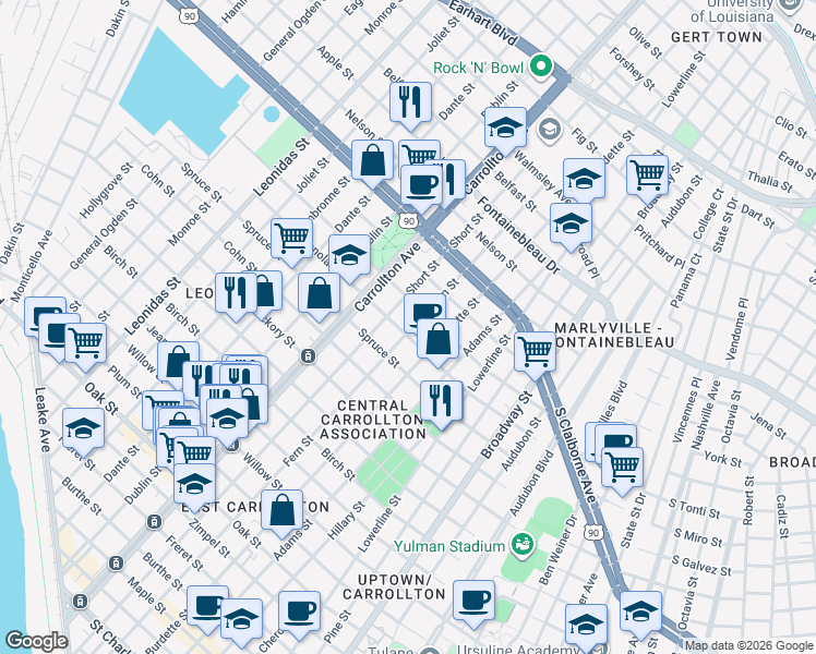 map of restaurants, bars, coffee shops, grocery stores, and more near 2029 Fern Street in New Orleans