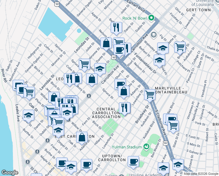 map of restaurants, bars, coffee shops, grocery stores, and more near 2029 Fern Street in New Orleans