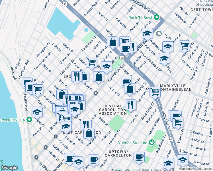 map of restaurants, bars, coffee shops, grocery stores, and more near 8000 Spruce Street in New Orleans