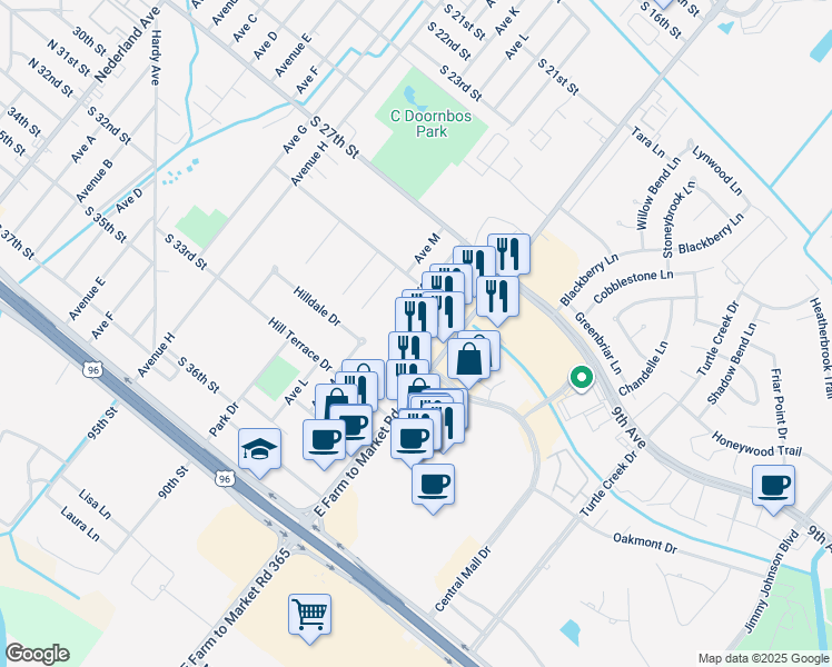 map of restaurants, bars, coffee shops, grocery stores, and more near 3015 Avenue O in Nederland