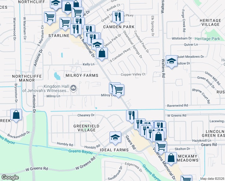 map of restaurants, bars, coffee shops, grocery stores, and more near 2508 Milroy Lane in Houston