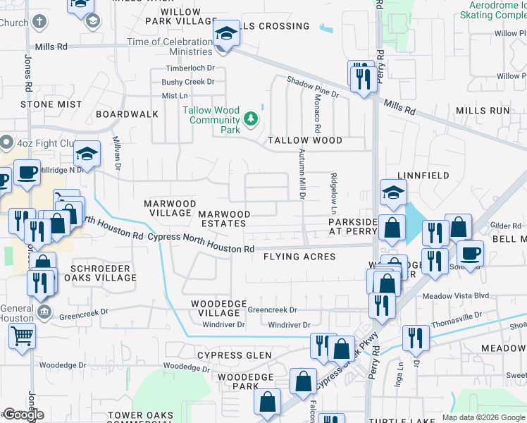 map of restaurants, bars, coffee shops, grocery stores, and more near 10121 Fernstone Lane in Houston