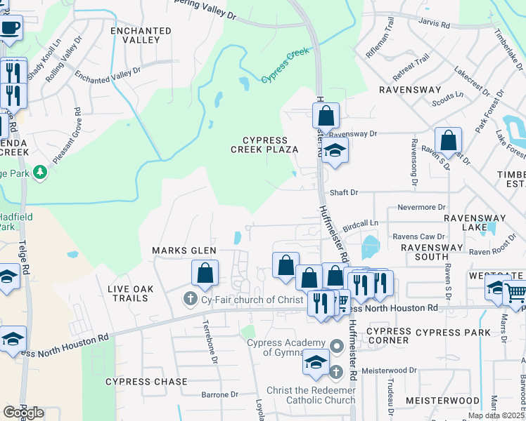 map of restaurants, bars, coffee shops, grocery stores, and more near 12223 Old Huffmeister Road in Cypress