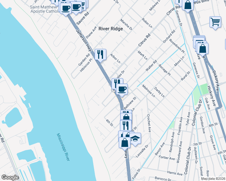 map of restaurants, bars, coffee shops, grocery stores, and more near 9446 Jefferson Highway in River Ridge