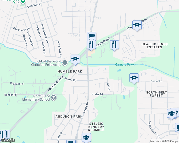 map of restaurants, bars, coffee shops, grocery stores, and more near 8026 Scarlet Tanager Drive in Humble