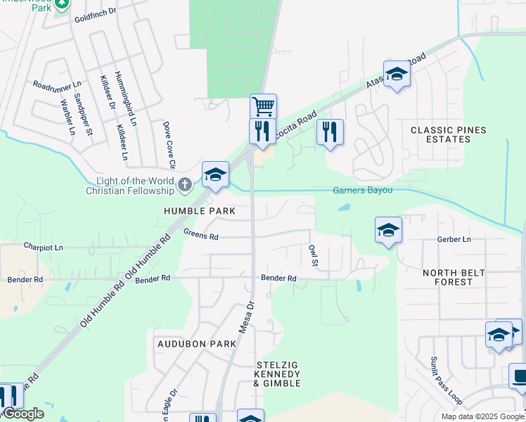 map of restaurants, bars, coffee shops, grocery stores, and more near 16111 Catbird Court in Humble