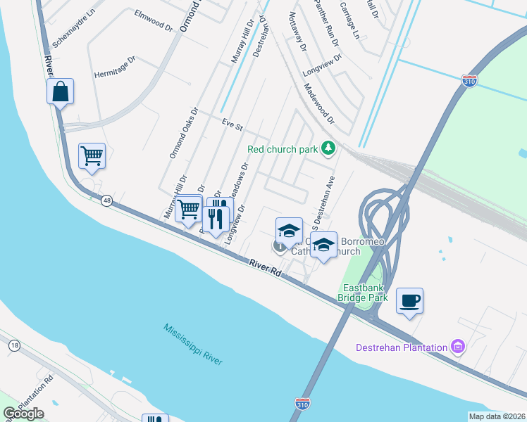 map of restaurants, bars, coffee shops, grocery stores, and more near 114 Burguieres Lane in Destrehan