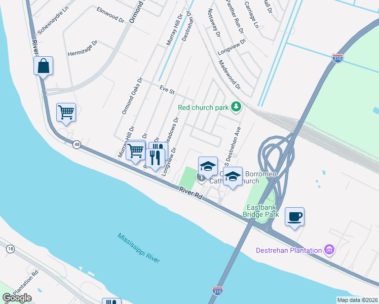 map of restaurants, bars, coffee shops, grocery stores, and more near 114 Burguieres Lane in Destrehan