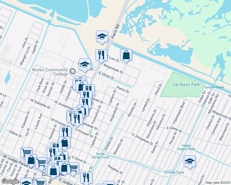 map of restaurants, bars, coffee shops, grocery stores, and more near 404 East Liberaux Street in Chalmette