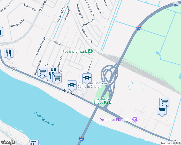 map of restaurants, bars, coffee shops, grocery stores, and more near 102 Saint Paul Street in Destrehan
