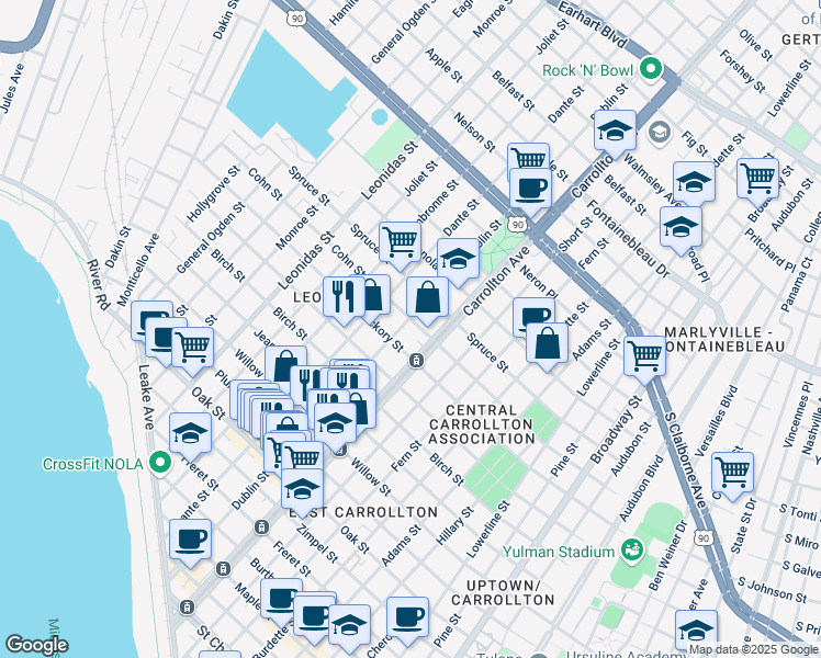 map of restaurants, bars, coffee shops, grocery stores, and more near 8126 Hickory Street in New Orleans