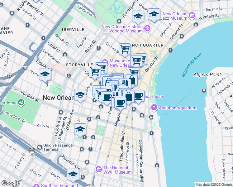 map of restaurants, bars, coffee shops, grocery stores, and more near 3 Chartres Street in New Orleans