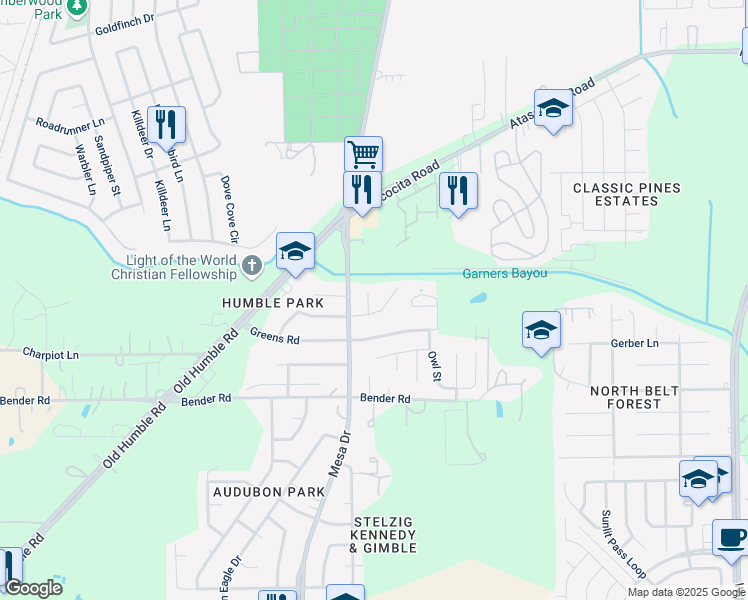 map of restaurants, bars, coffee shops, grocery stores, and more near 16114 Catbird Court in Humble