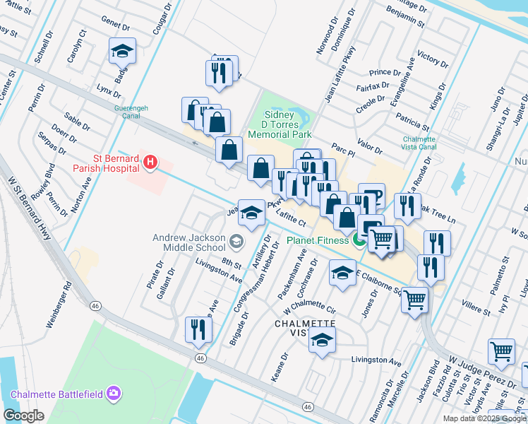 map of restaurants, bars, coffee shops, grocery stores, and more near 201 8th Street in Chalmette