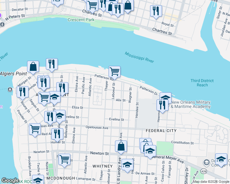 map of restaurants, bars, coffee shops, grocery stores, and more near 347 Leboeuf Street in New Orleans
