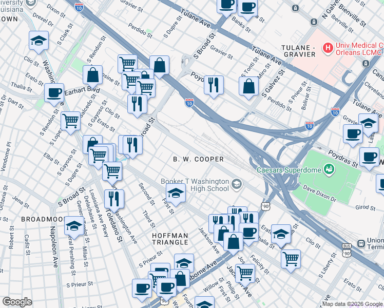 map of restaurants, bars, coffee shops, grocery stores, and more near 1203 South Tonti Street in New Orleans