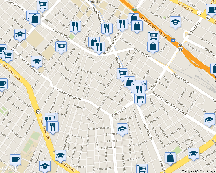 map of restaurants, bars, coffee shops, grocery stores, and more near in New Orleans