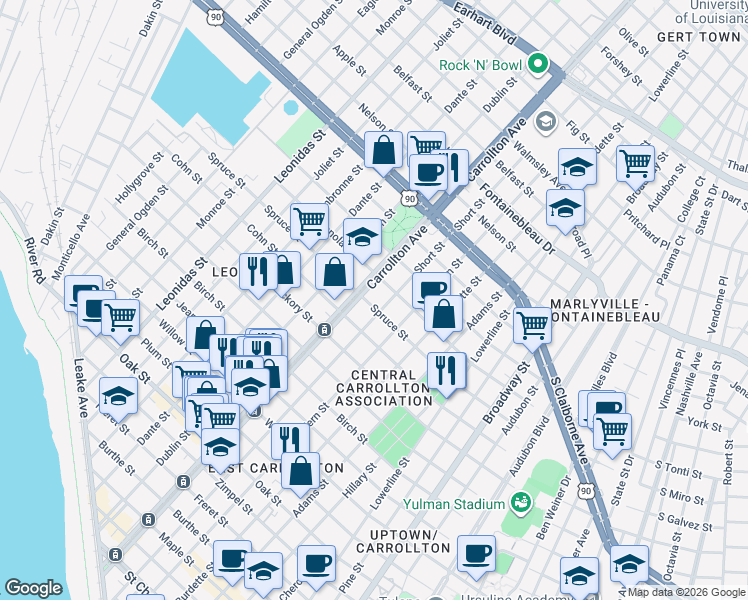 map of restaurants, bars, coffee shops, grocery stores, and more near 8000 Spruce Street in New Orleans