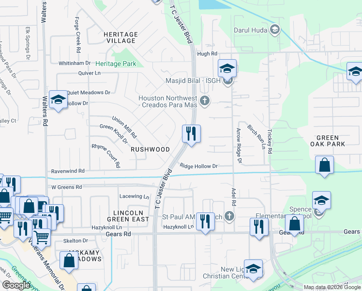 map of restaurants, bars, coffee shops, grocery stores, and more near 11616 T C Jester Boulevard in Houston