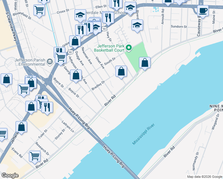 map of restaurants, bars, coffee shops, grocery stores, and more near 112 Newman Avenue in Jefferson