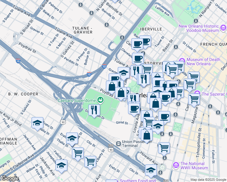 map of restaurants, bars, coffee shops, grocery stores, and more near 1555 Poydras Street in New Orleans