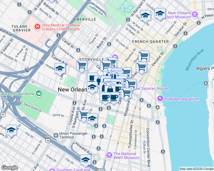 map of restaurants, bars, coffee shops, grocery stores, and more near Common Street in New Orleans
