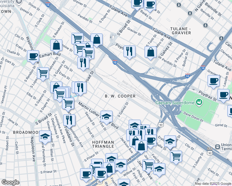 map of restaurants, bars, coffee shops, grocery stores, and more near 1203 South Tonti Street in New Orleans