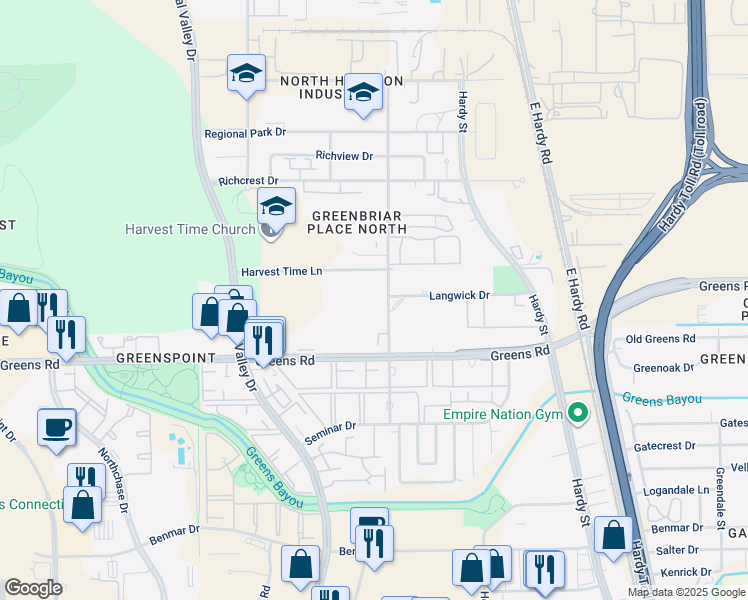 map of restaurants, bars, coffee shops, grocery stores, and more near 17601 Wayforest Drive in Houston