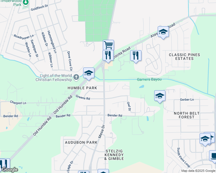 map of restaurants, bars, coffee shops, grocery stores, and more near 16126 Mesa Drive in Humble