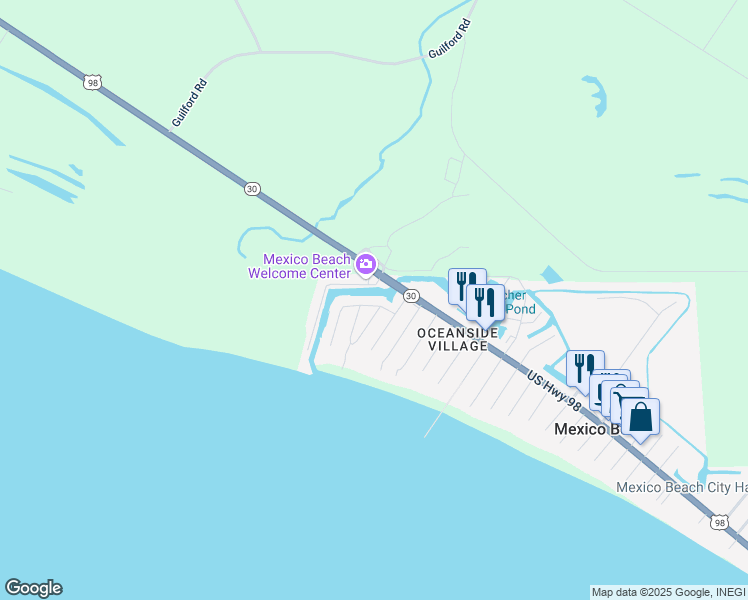 map of restaurants, bars, coffee shops, grocery stores, and more near 102 Canal Parkway in Mexico Beach