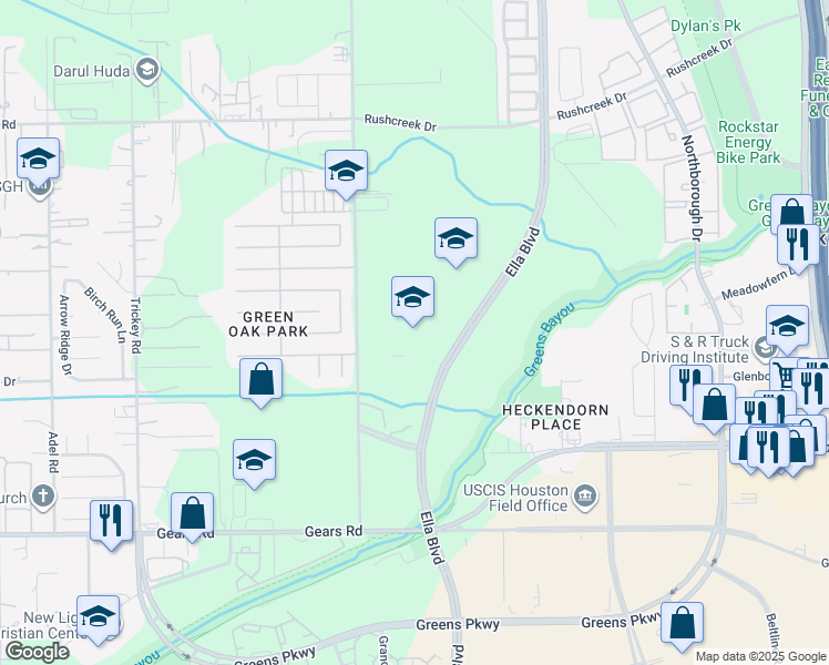 map of restaurants, bars, coffee shops, grocery stores, and more near 12211 Ella Boulevard in Houston