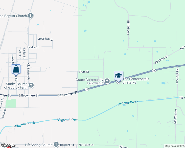 map of restaurants, bars, coffee shops, grocery stores, and more near 1555 Crum Street in Starke