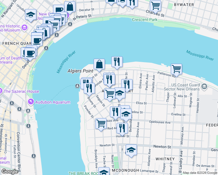 map of restaurants, bars, coffee shops, grocery stores, and more near in New Orleans