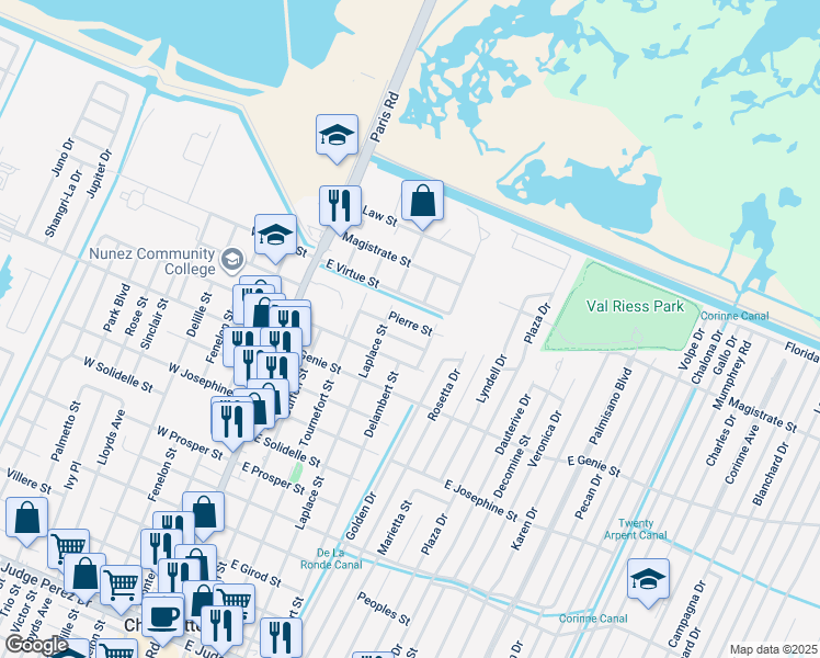 map of restaurants, bars, coffee shops, grocery stores, and more near 421B East Virtue Street in Chalmette